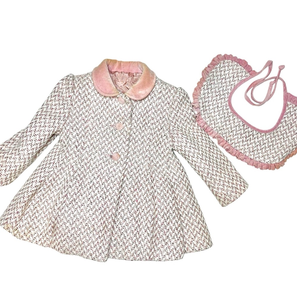 1960s Vintage Pink Tweed Girls Dress Coat w Bib Jacker FW FISCHER